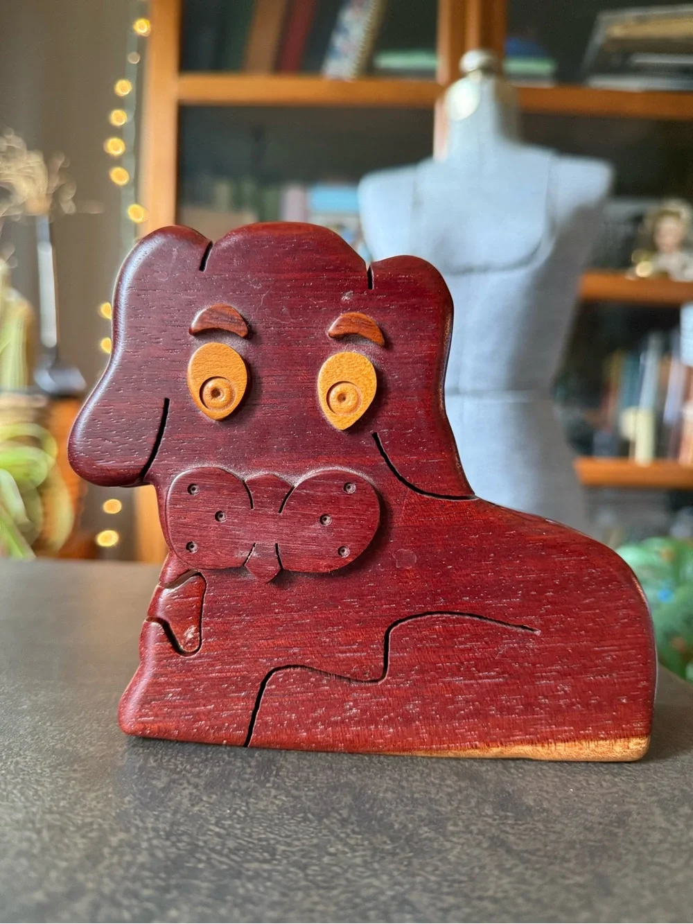 Handmade Wooden Dog Puzzle Box - Red Brown with Yellow Eyes